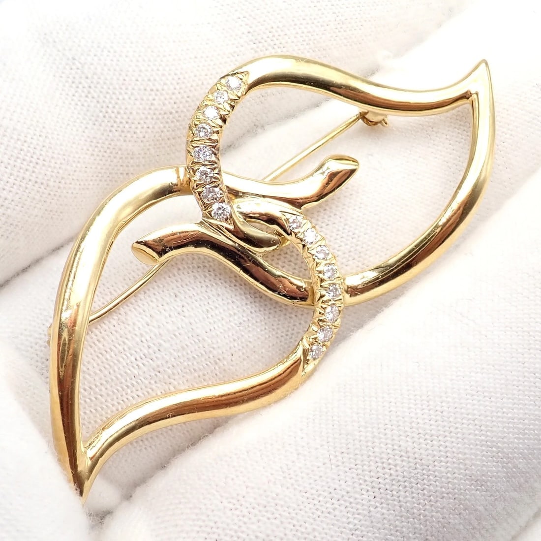 Authentic! Tiffany & Co 18k Yellow Gold Diamond Two Leaf Twin Brooch Pin 1987 - 4