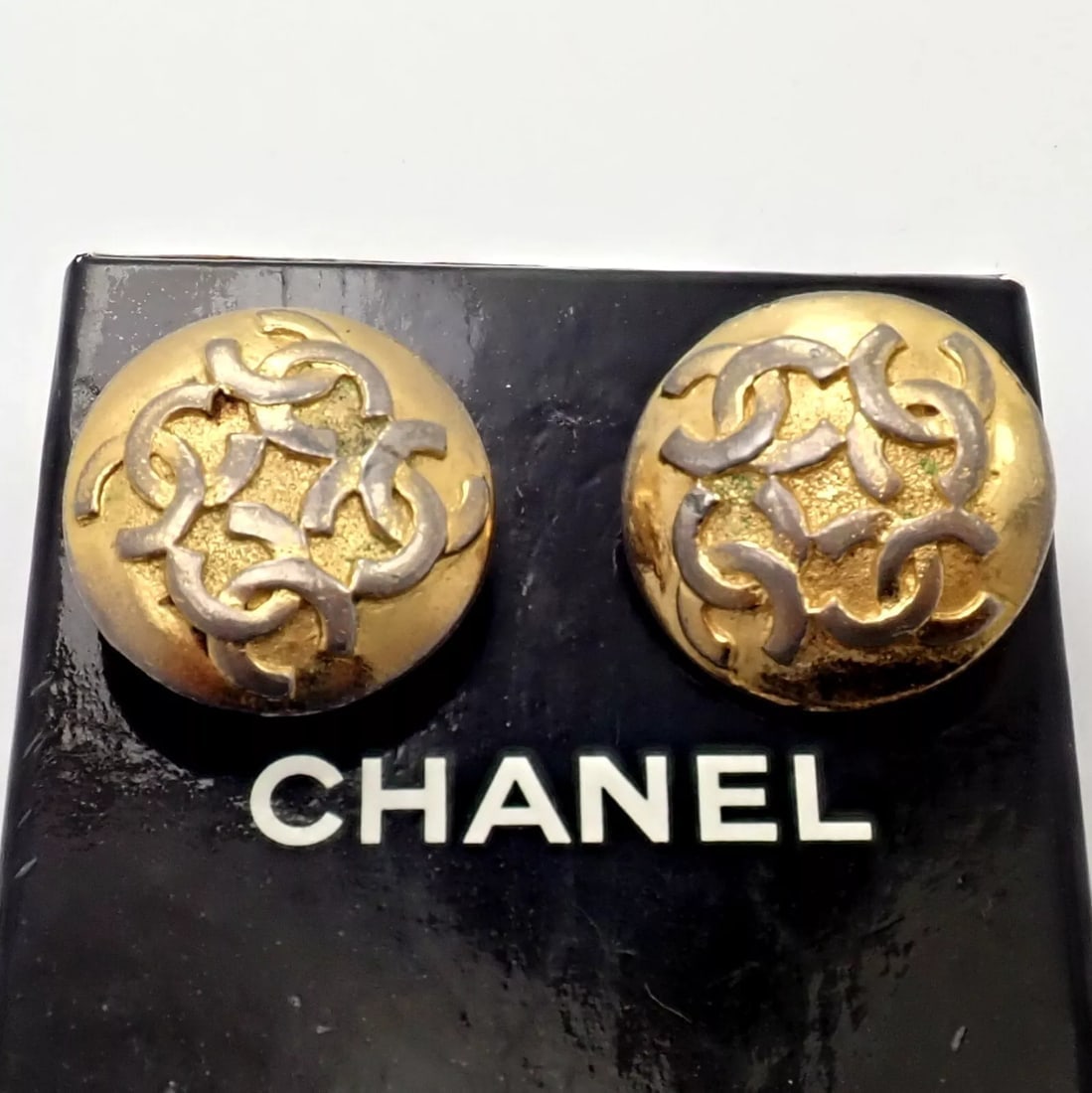 Rare! Vintage Chanel Paris France CC Logos Button Earrings Early 1980's - 2
