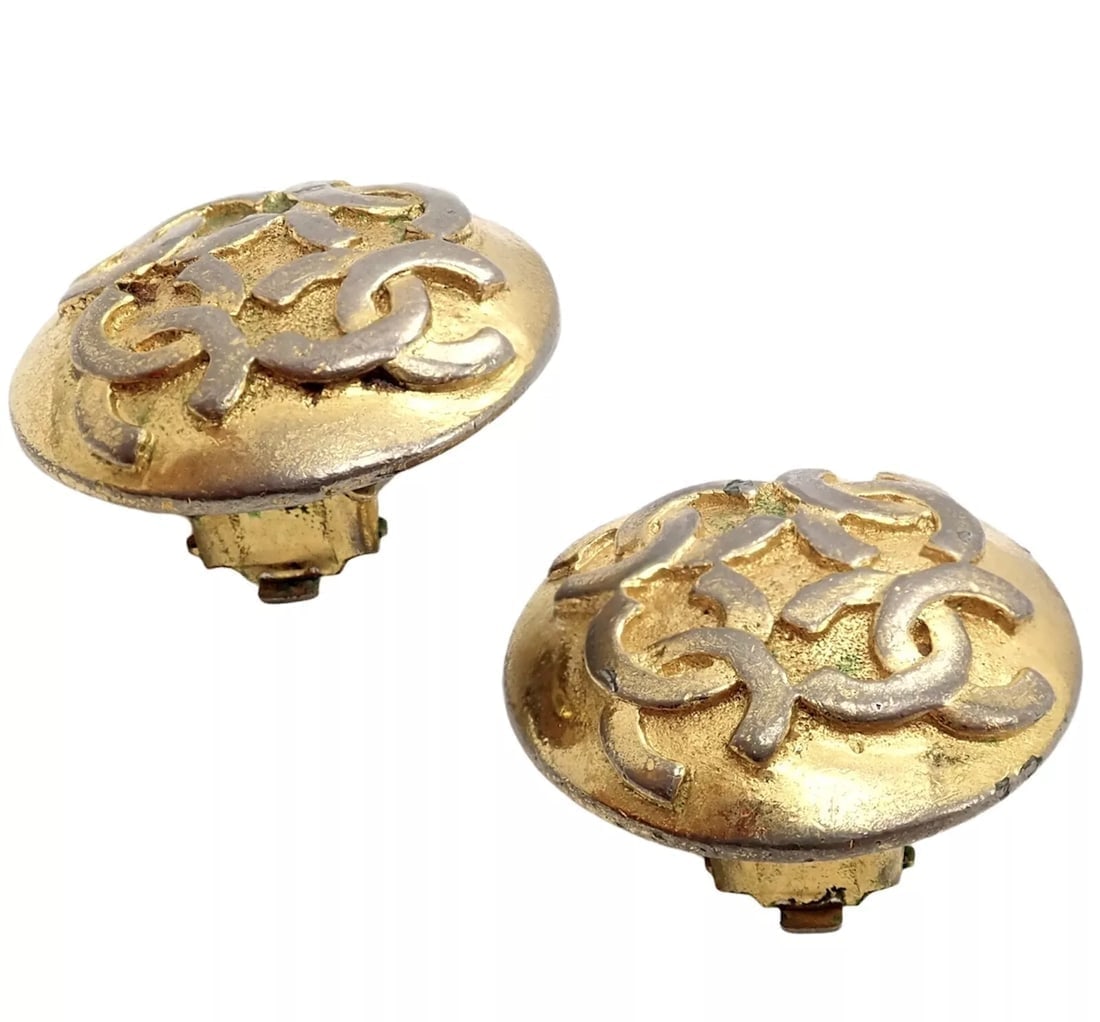 Rare! Vintage Chanel Paris France CC Logos Button Earrings Early 1980's - 3