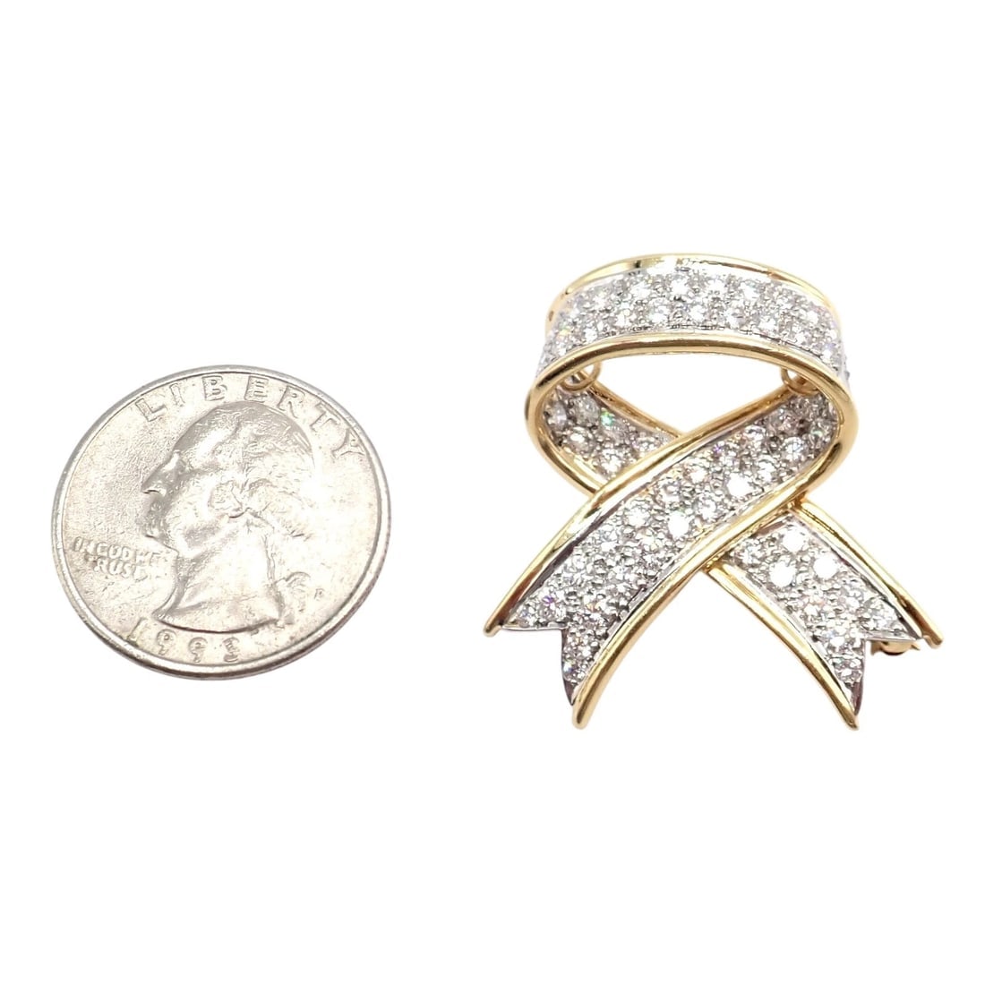 Vintage! Tiffany & Co 18k Yellow Gold Platinum Diamond Ribbon Bow Pin Brooch - 3
