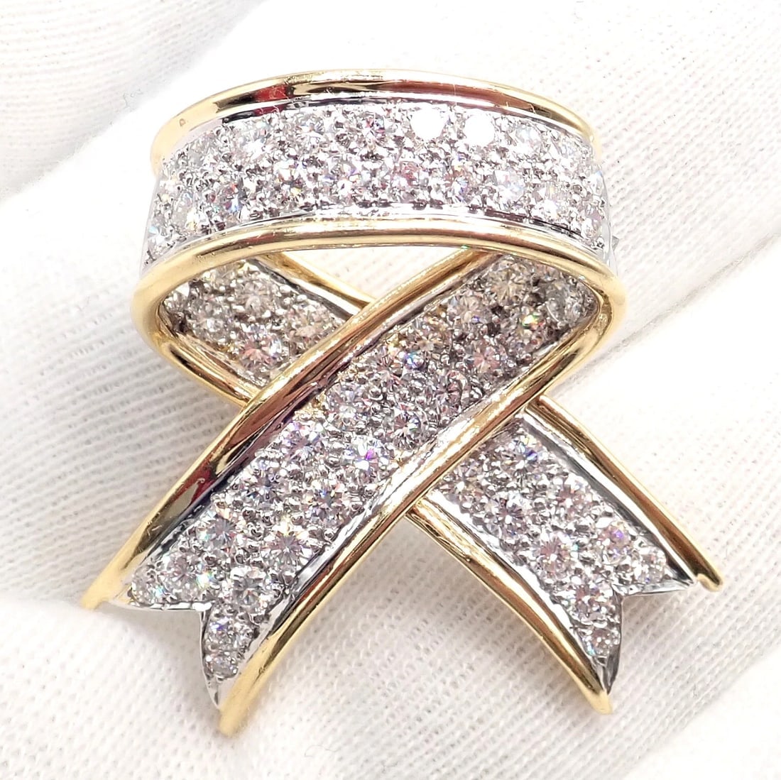 Vintage! Tiffany & Co 18k Yellow Gold Platinum Diamond Ribbon Bow Pin Brooch - 6