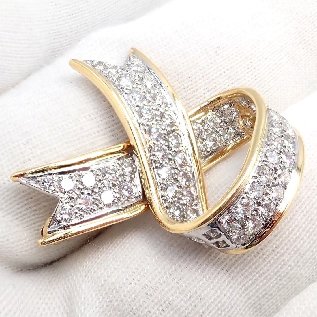 Vintage! Tiffany & Co 18k Yellow Gold Platinum Diamond Ribbon Bow Pin Brooch - 8