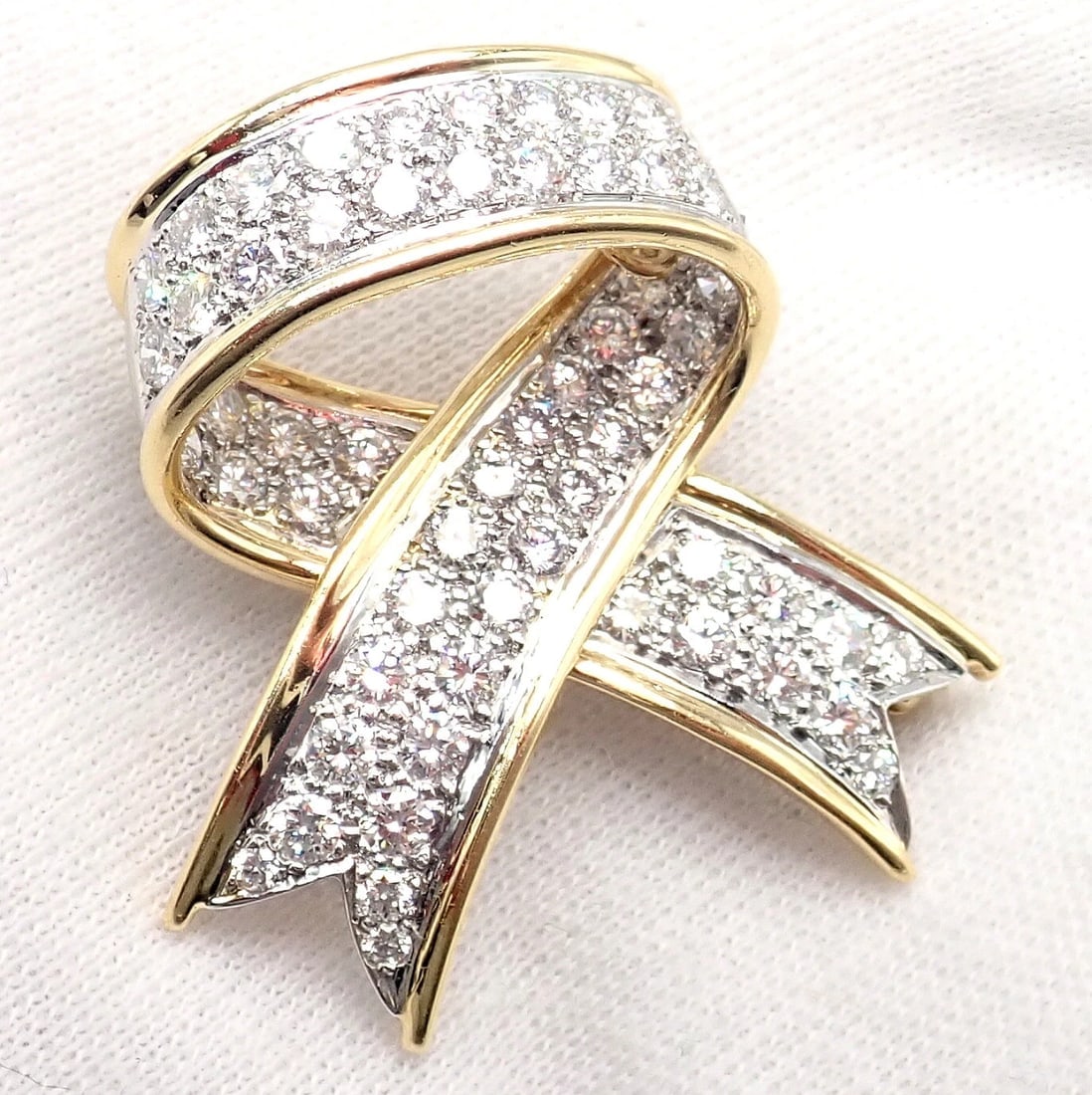 Vintage! Tiffany & Co 18k Yellow Gold Platinum Diamond Ribbon Bow Pin Brooch - 9