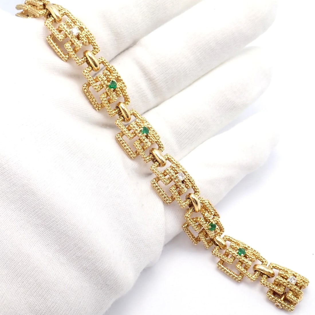 Vintage Tiffany & Co France 18k Yellow Gold Diamond Emerald Bracelet - 7