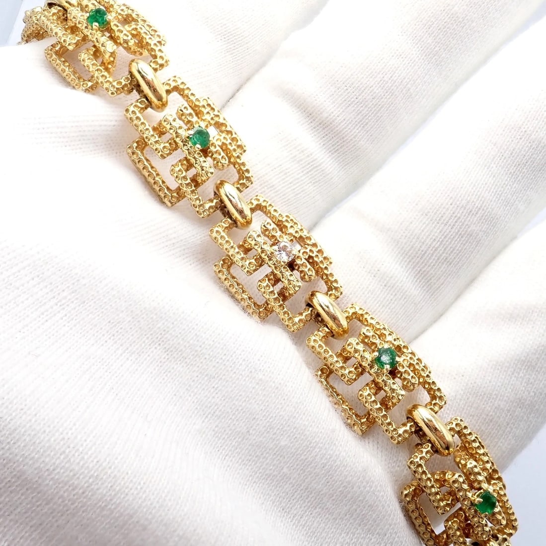 Vintage Tiffany & Co France 18k Yellow Gold Diamond Emerald Bracelet - 8
