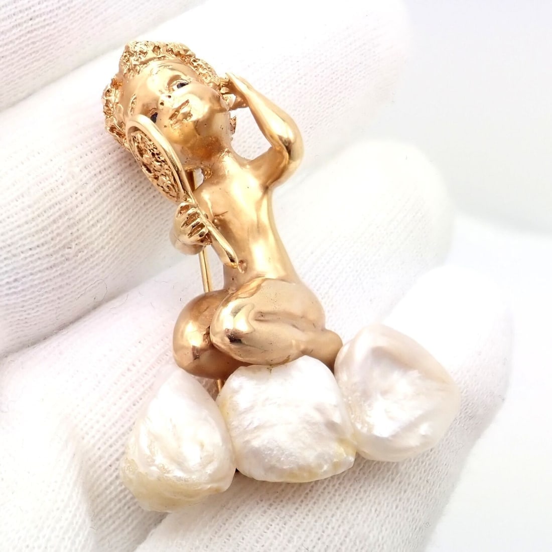 Rare Large Ruser 14k Yellow Gold Sapphire Pearl Mondays Child Pin Brooch - 2