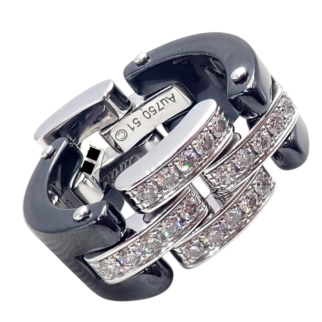 Cartier 18k White Gold Diamond Ceramic Maillon Panthere Ring Size 51 US 5.75 - 10