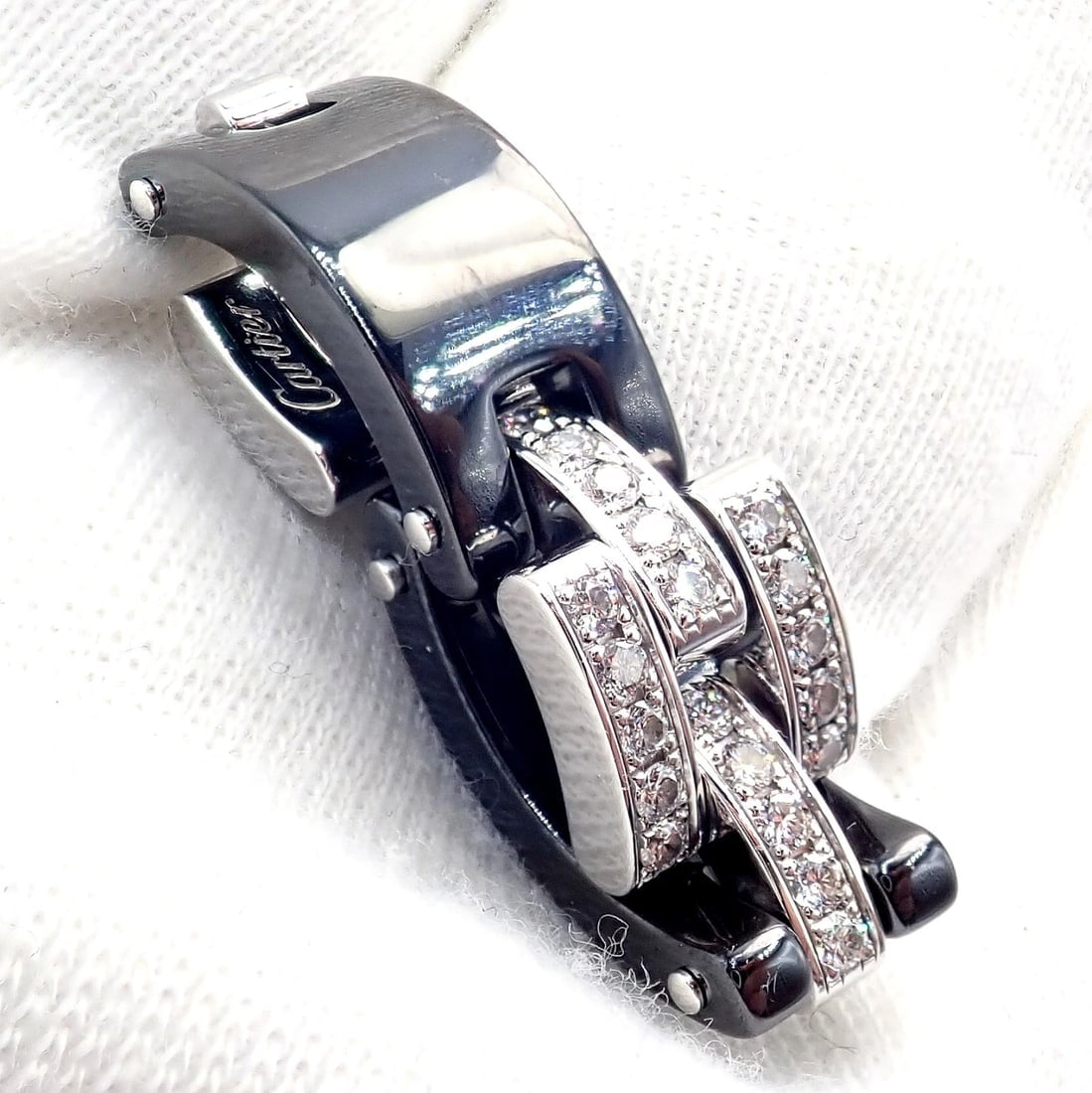 Cartier 18k White Gold Diamond Ceramic Maillon Panthere Ring Size 51 US 5.75 - 5