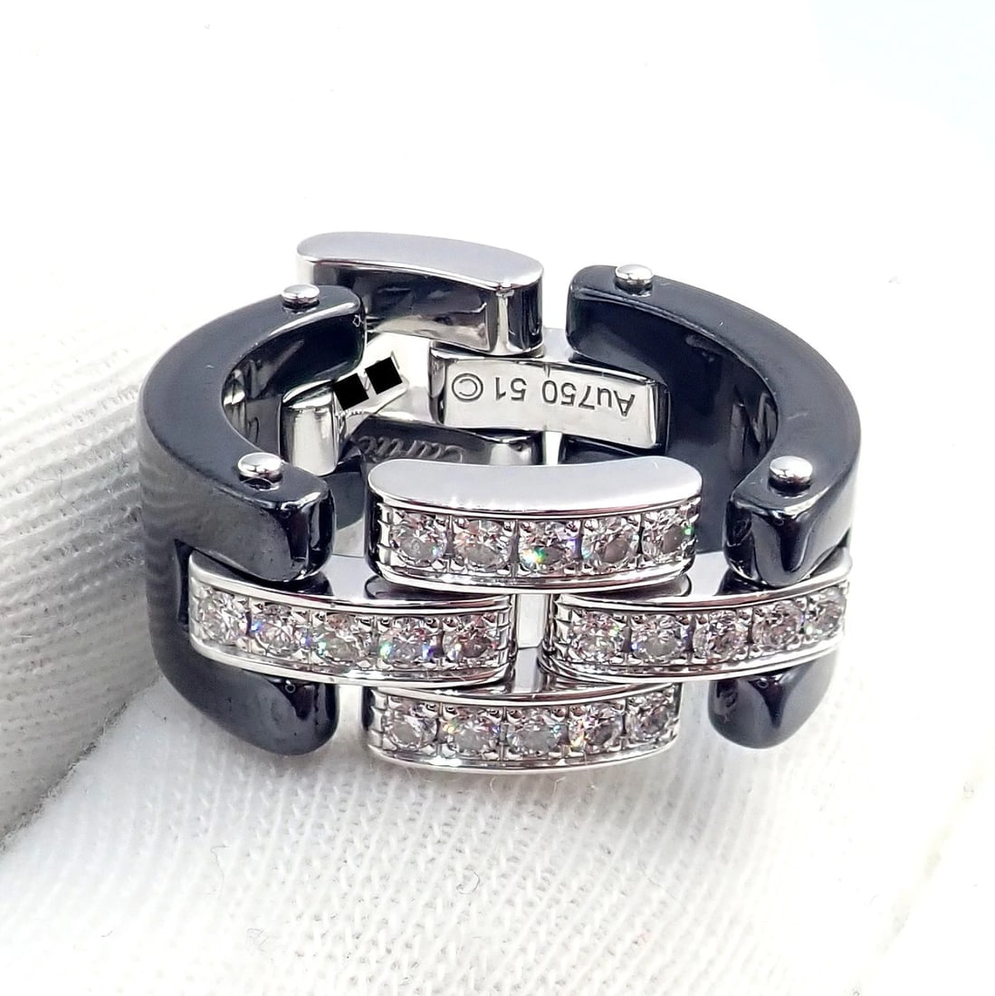 Cartier 18k White Gold Diamond Ceramic Maillon Panthere Ring Size 51 US 5.75 - 8