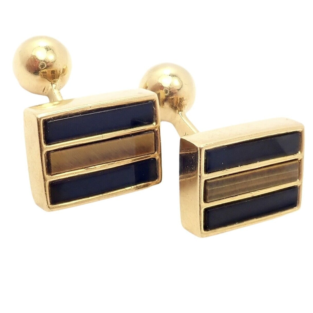 Rare Vintage Tiffany & Co. 18k Yellow Gold Classic Onyx Tiger Eye Cufflinks - 10