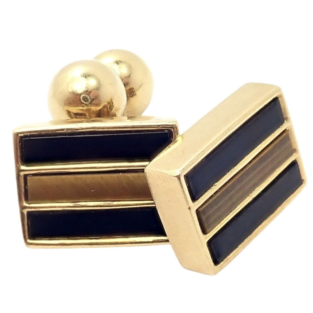 Rare Vintage Tiffany & Co. 18k Yellow Gold Classic Onyx Tiger Eye Cufflinks - 3