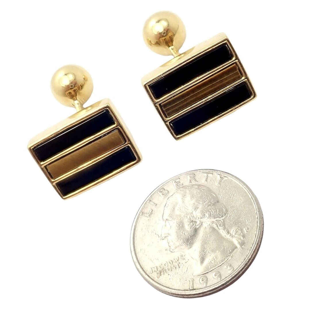 Rare Vintage Tiffany & Co. 18k Yellow Gold Classic Onyx Tiger Eye Cufflinks - 4