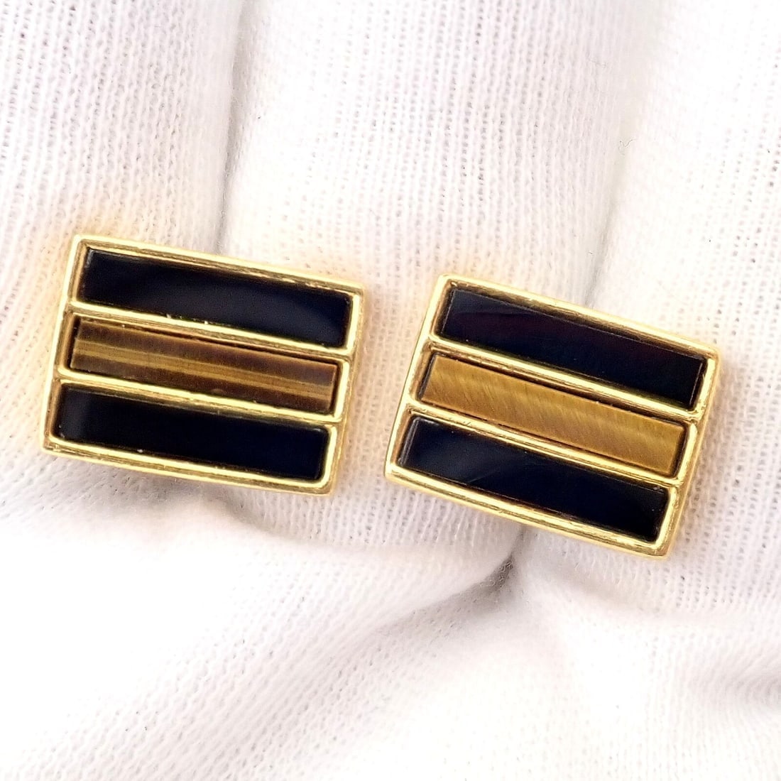 Rare Vintage Tiffany & Co. 18k Yellow Gold Classic Onyx Tiger Eye Cufflinks - 5