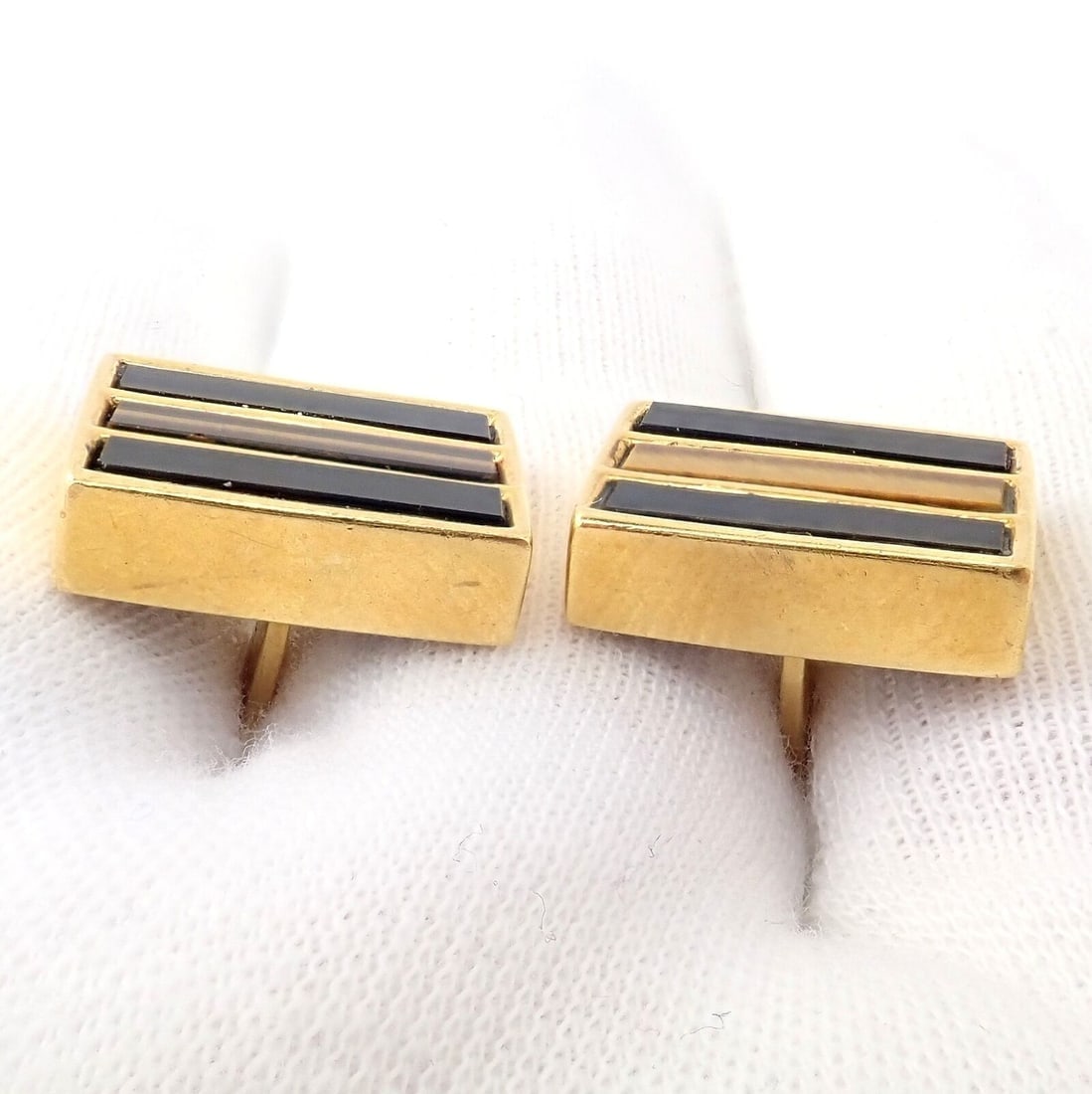Rare Vintage Tiffany & Co. 18k Yellow Gold Classic Onyx Tiger Eye Cufflinks - 6