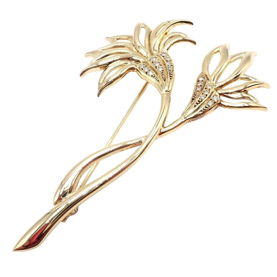Rare! Vintage Mikimoto 18k Yellow Gold Diamond Large Double Flower Brooch - 8