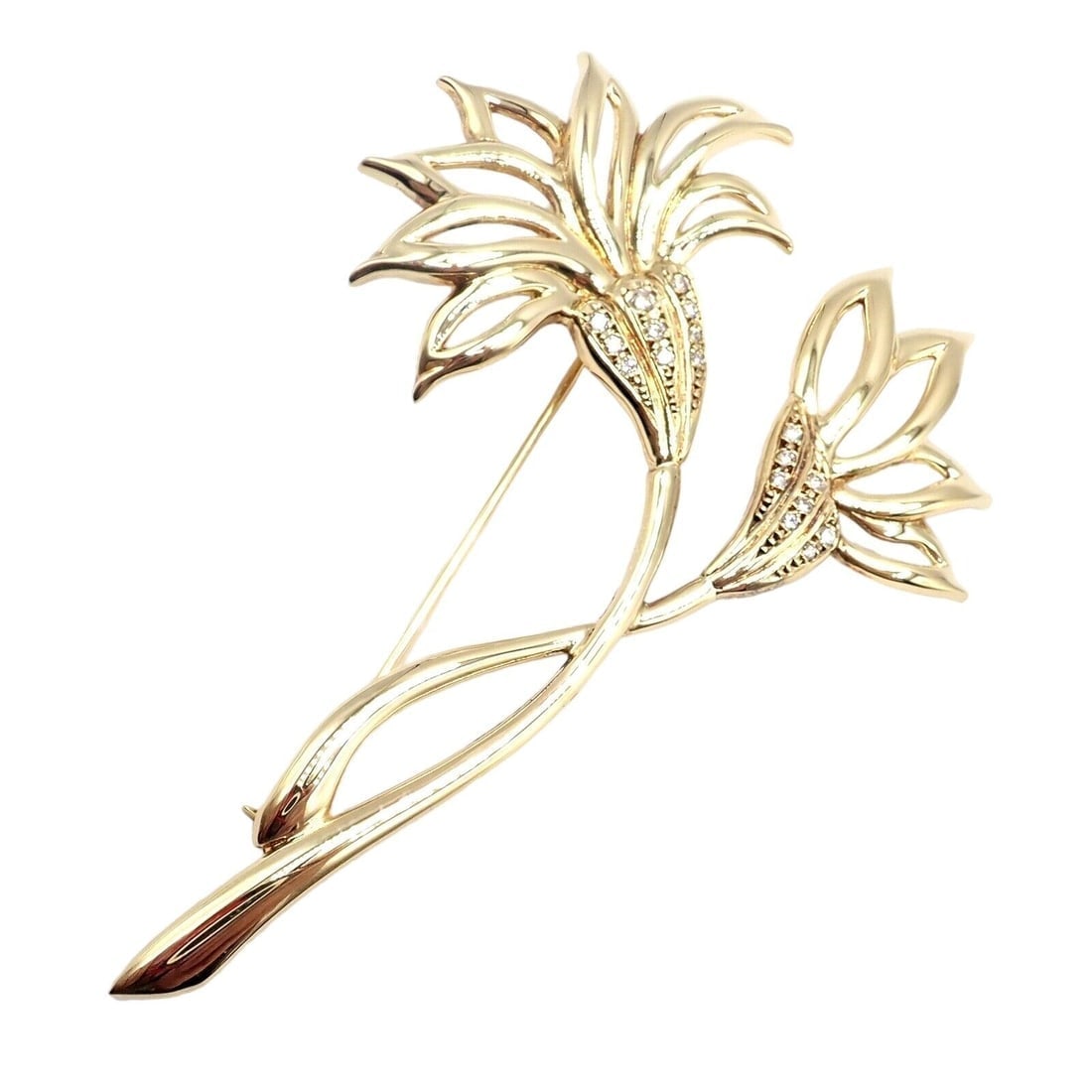 Rare! Vintage Mikimoto 18k Yellow Gold Diamond Large Double Flower Brooch - 9