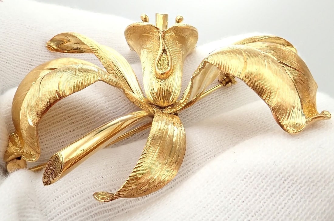 Vintage Tiffany & Co 18k Yellow Gold Large Orchid Calla Lily Pin Brooch 1950s - 8