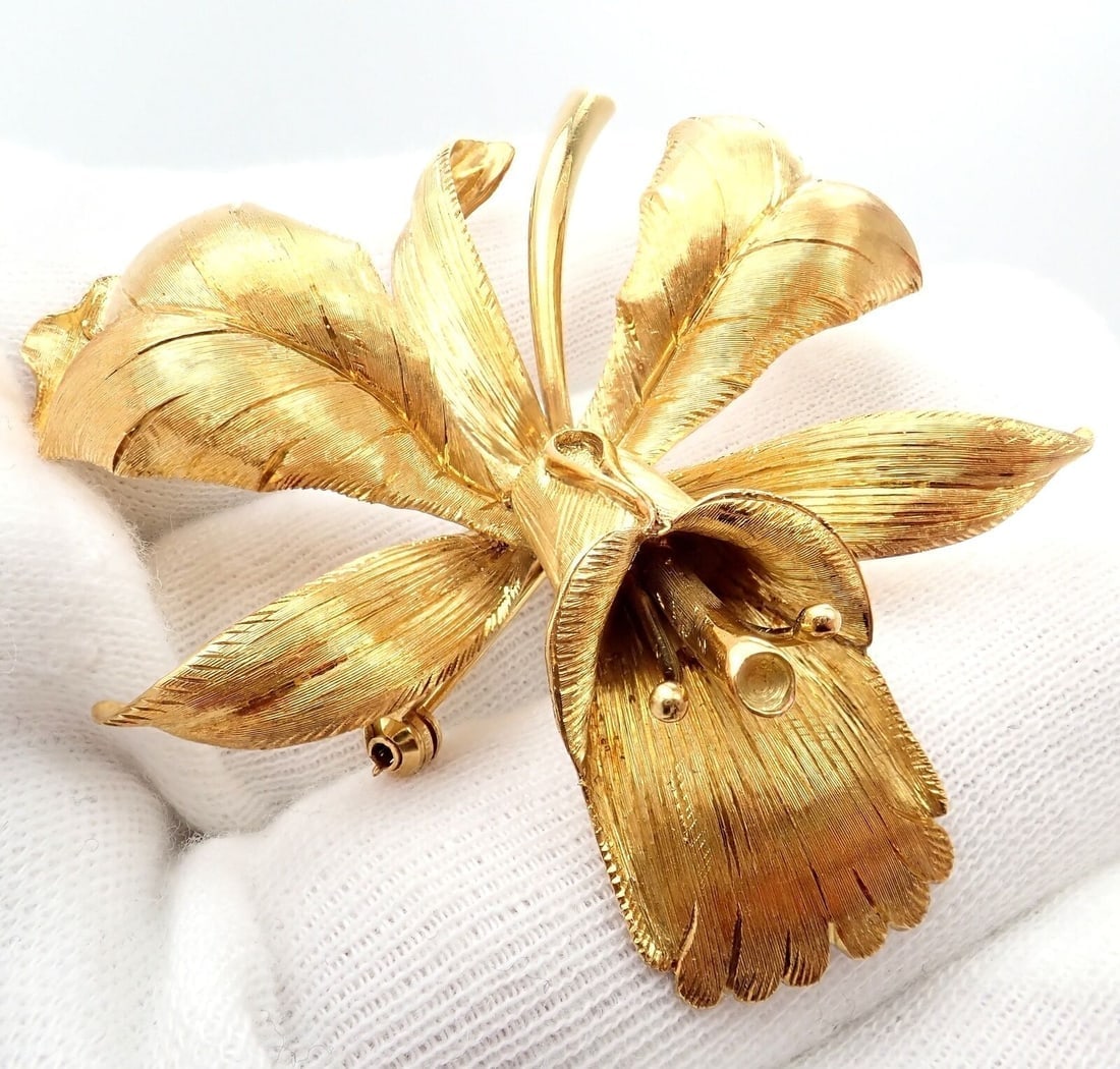 Vintage Tiffany & Co 18k Yellow Gold Large Orchid Calla Lily Pin Brooch 1950s - 9