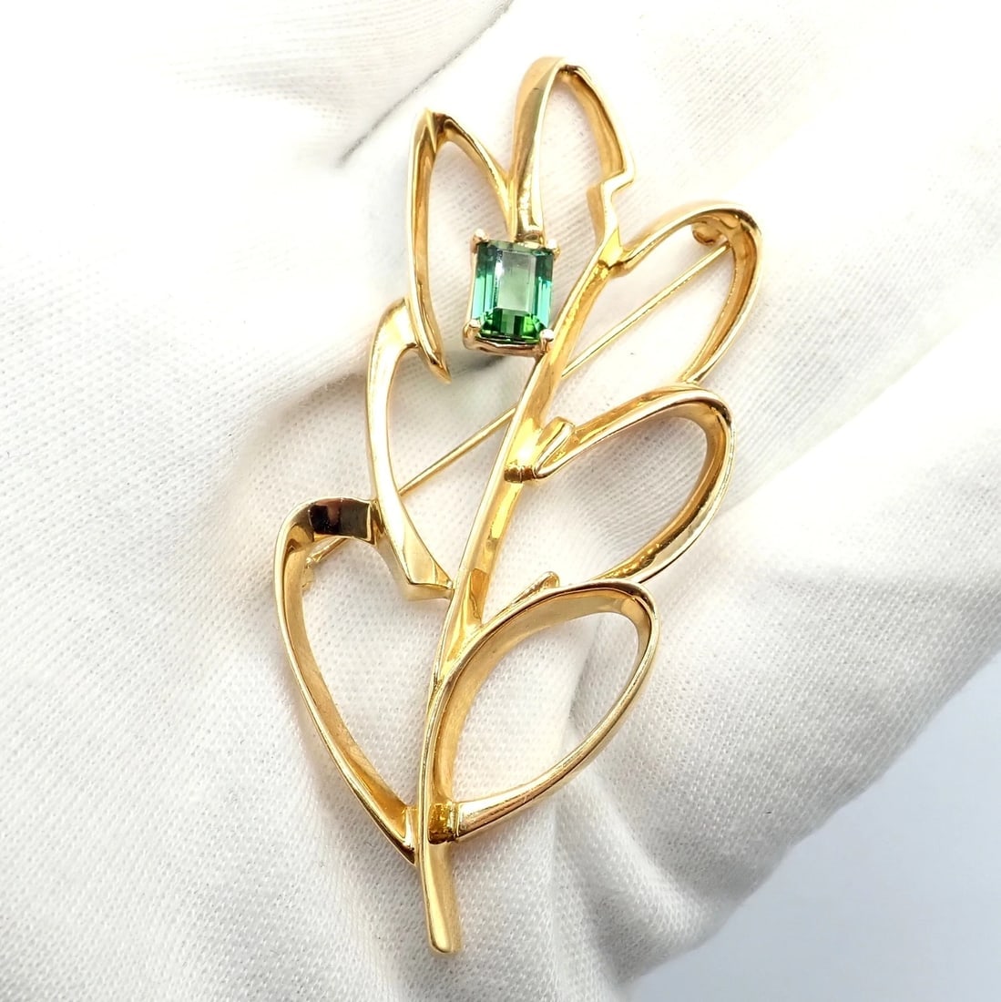 Vintage Tiffany & Co Paloma Picasso 18k Yellow Gold Green Tourmaline Leaf Brooch - 4