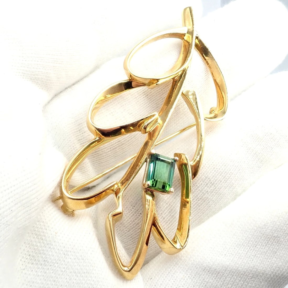 Vintage Tiffany & Co Paloma Picasso 18k Yellow Gold Green Tourmaline Leaf Brooch - 6