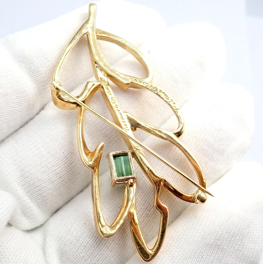 Vintage Tiffany & Co Paloma Picasso 18k Yellow Gold Green Tourmaline Leaf Brooch - 7