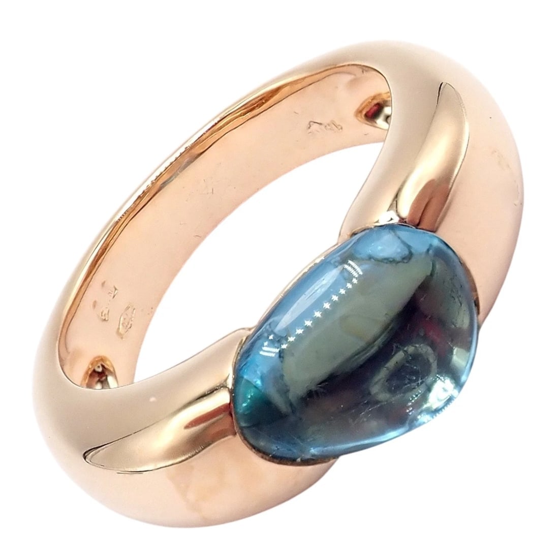 Rare! Authentic Pomellato 18k Rose Gold Sassi Large Blue Topaz Ring Sz 6.5: Authentic Pomellato 18k rose gold Sassi ring featuring a striking large blue topaz with a smooth, organic cabochon shape. Its bold, sculptural design contrasts warm rose gold with cool ocean-blue tone