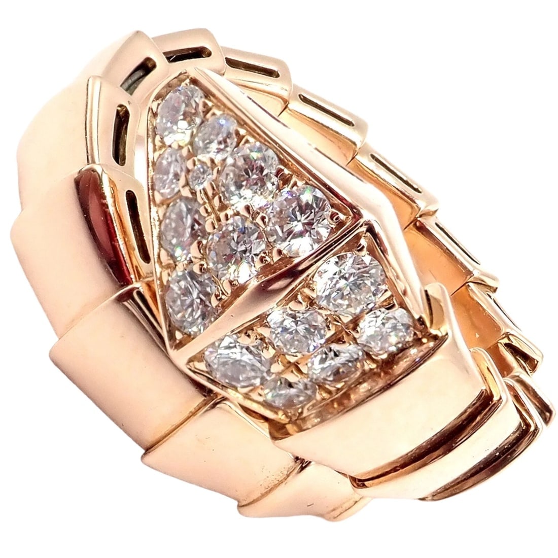 Authentic! Bulgari Bvlgari Serpenti Viper 18k Rose Gold Diamond Large Ring - 10