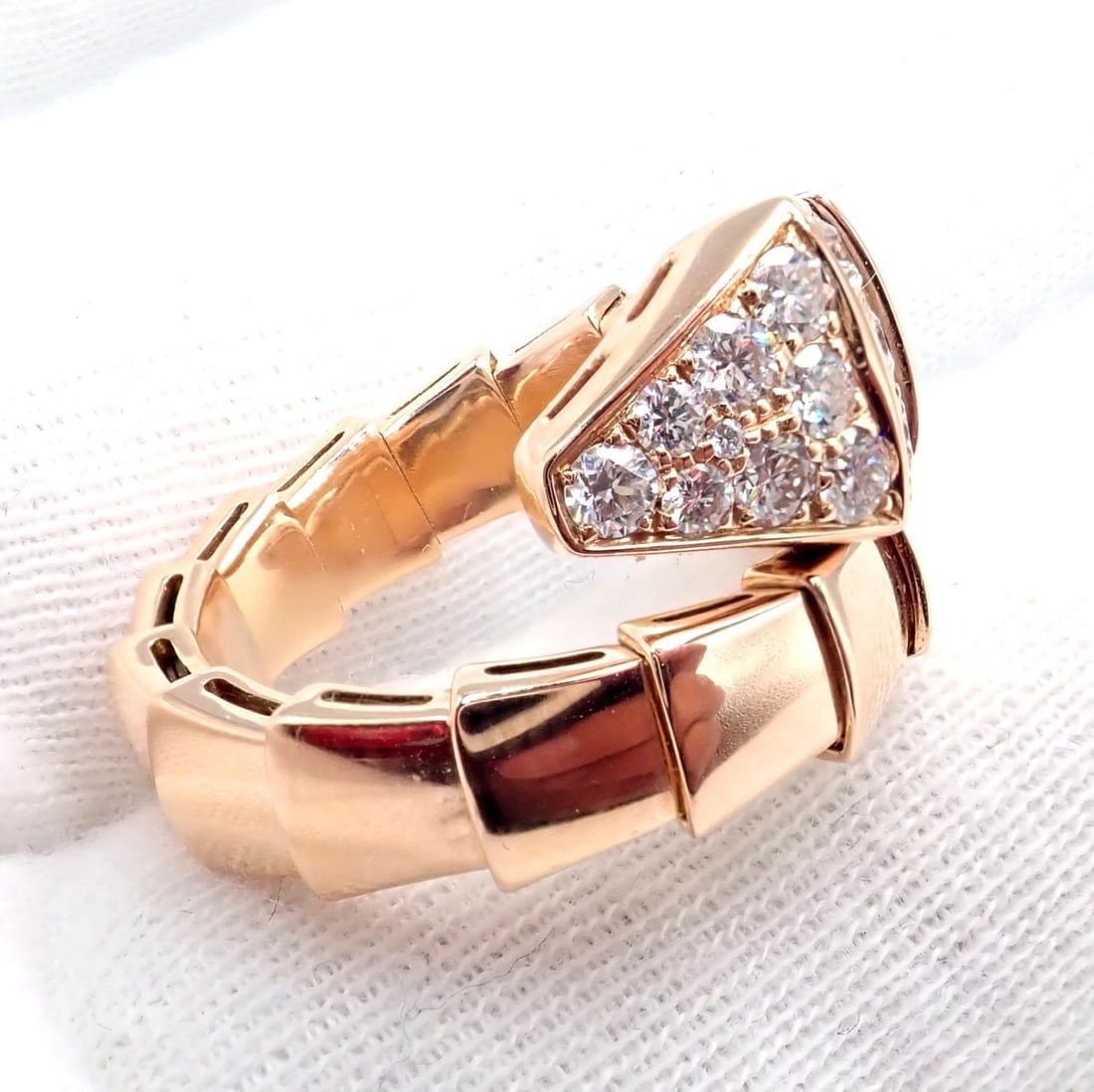 Authentic! Bulgari Bvlgari Serpenti Viper 18k Rose Gold Diamond Large Ring - 6