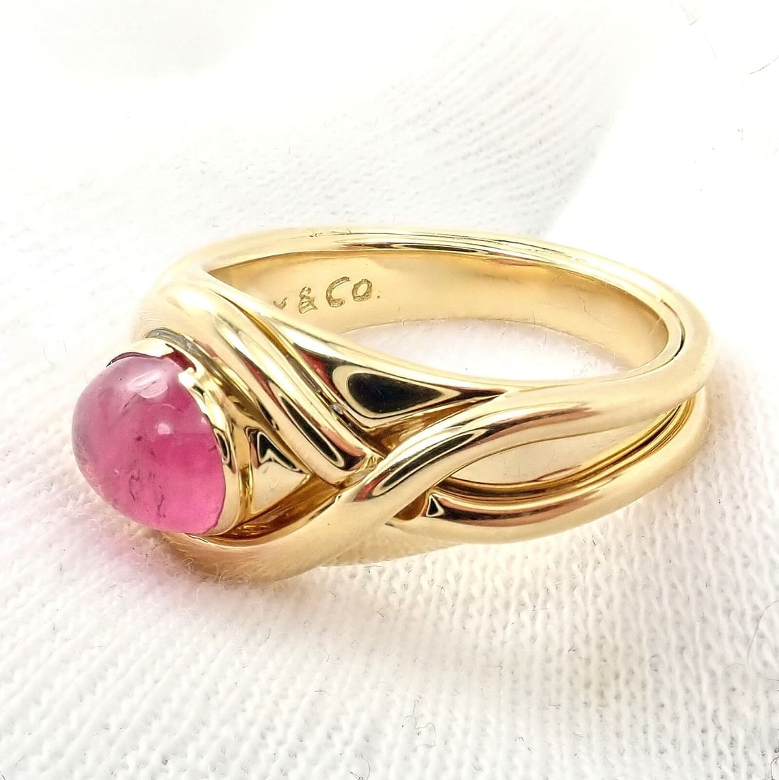 Rare! Authentic Tiffany & Co 18k Yellow Gold Pink Tourmaline Cabochon Band Ring - 9
