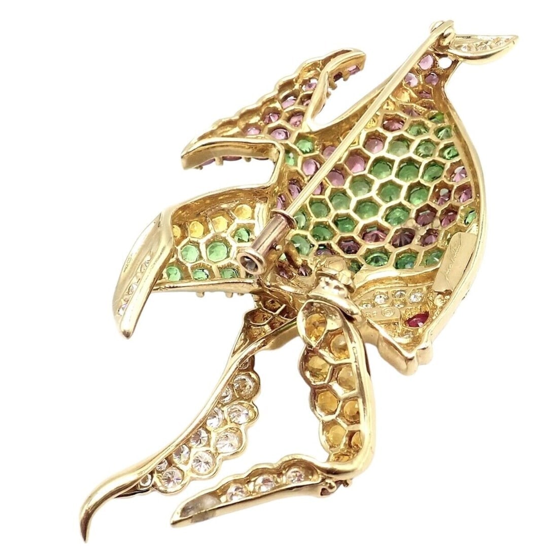 Authentic! Rare Jean Vitau 18k Yellow Gold Diamond Color Stone Angel Fish Brooch - 2