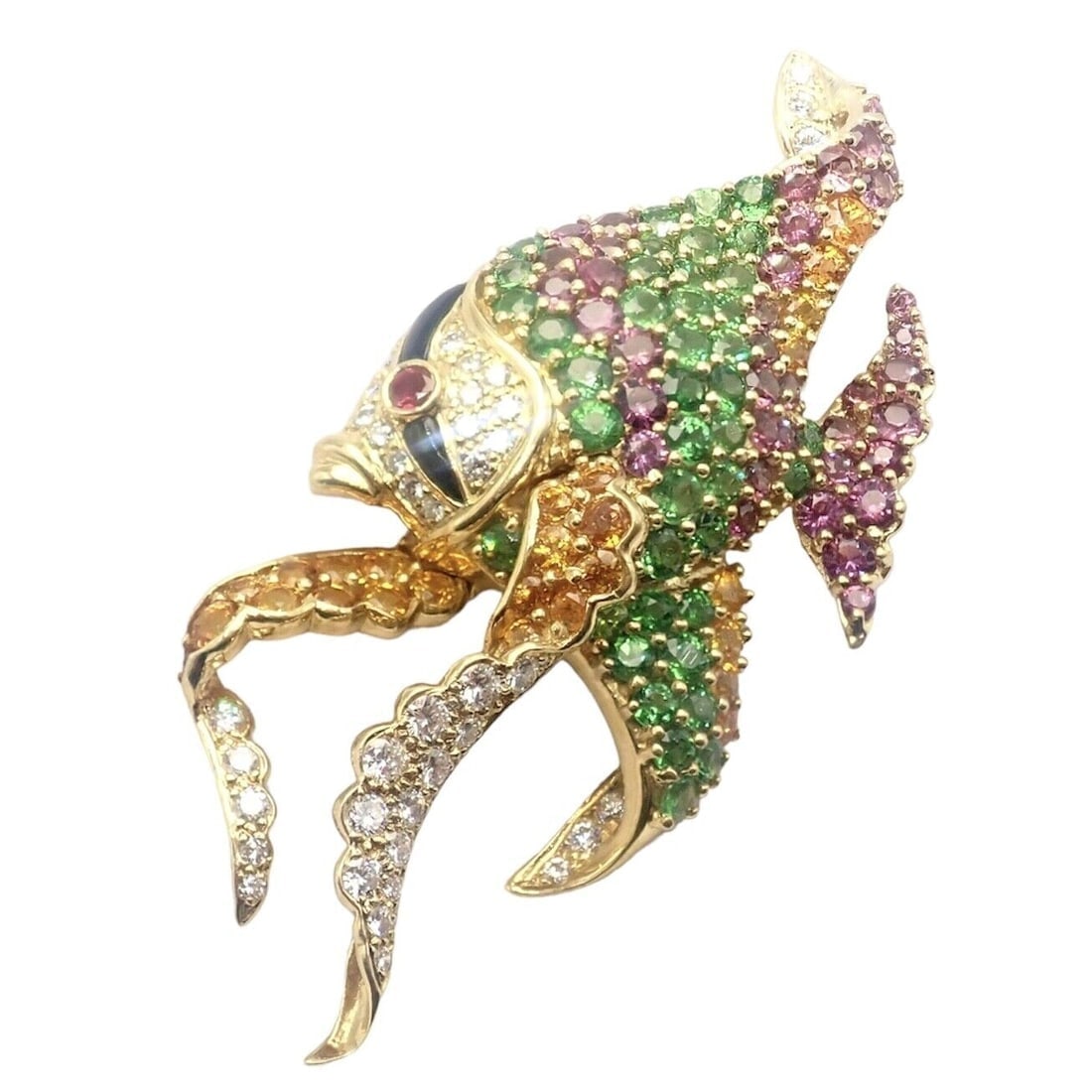 Authentic! Rare Jean Vitau 18k Yellow Gold Diamond Color Stone Angel Fish Brooch - 9