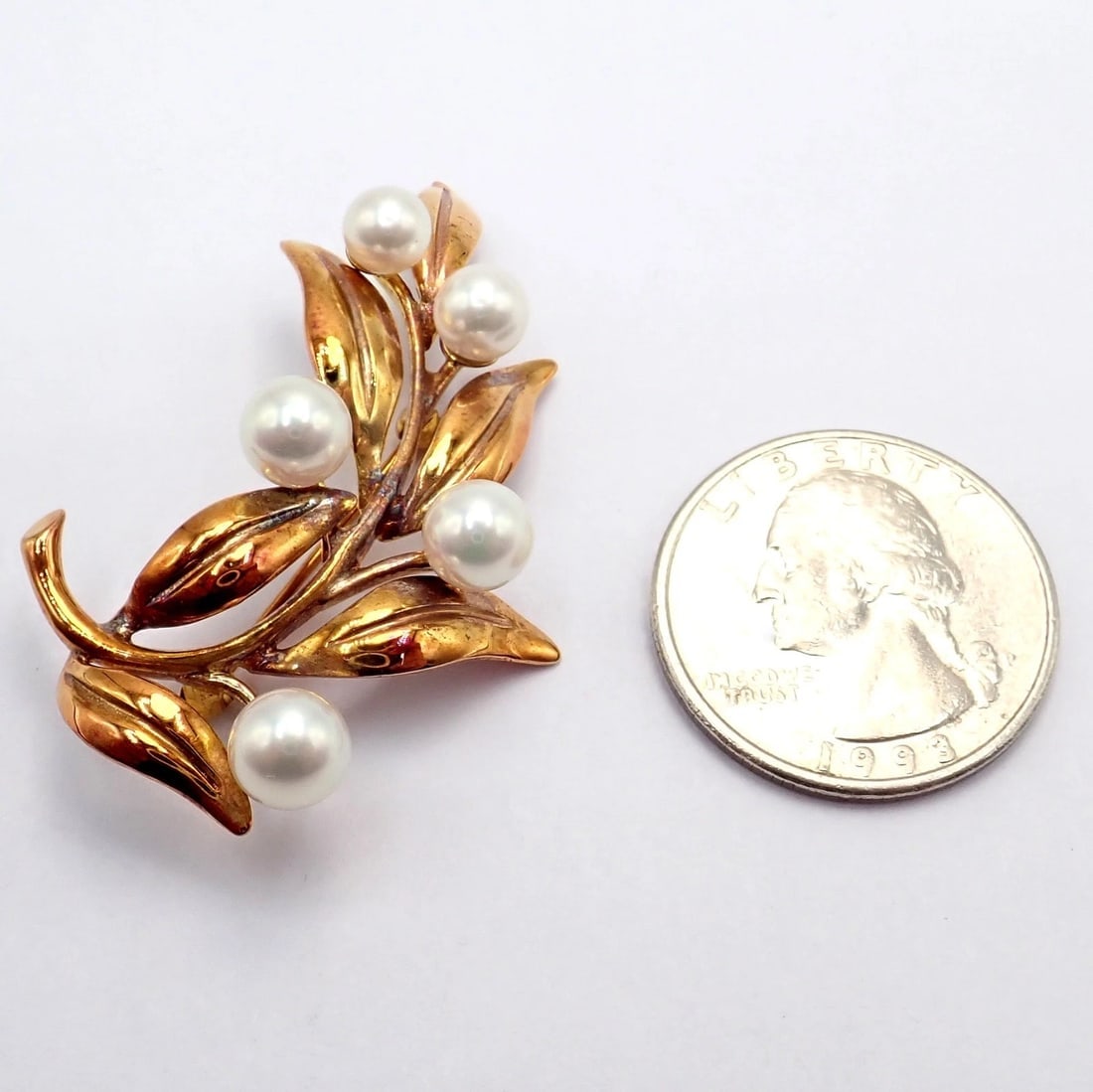 Vintage Tiffany & Co 18k Gold 5 Pearl Leaf Branch Pin Brooch 1987 - 5