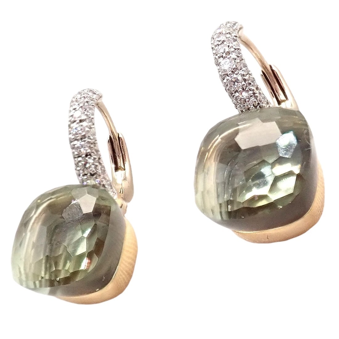 Authentic! Pomellato Nudo 18k Rose + White Gold Diamond Prasiolite Earrings - 6