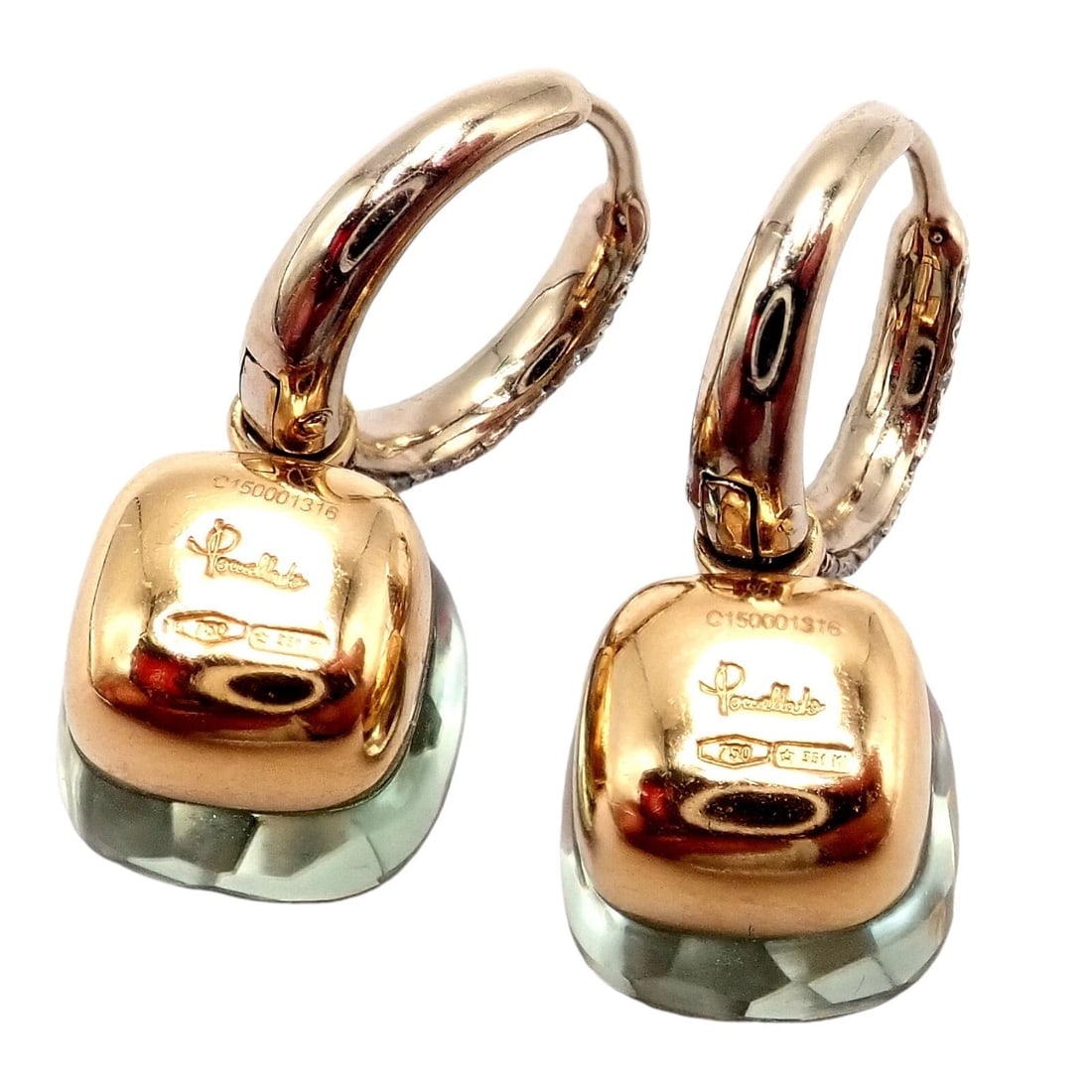 Authentic! Pomellato Nudo 18k Rose + White Gold Diamond Prasiolite Earrings - 9