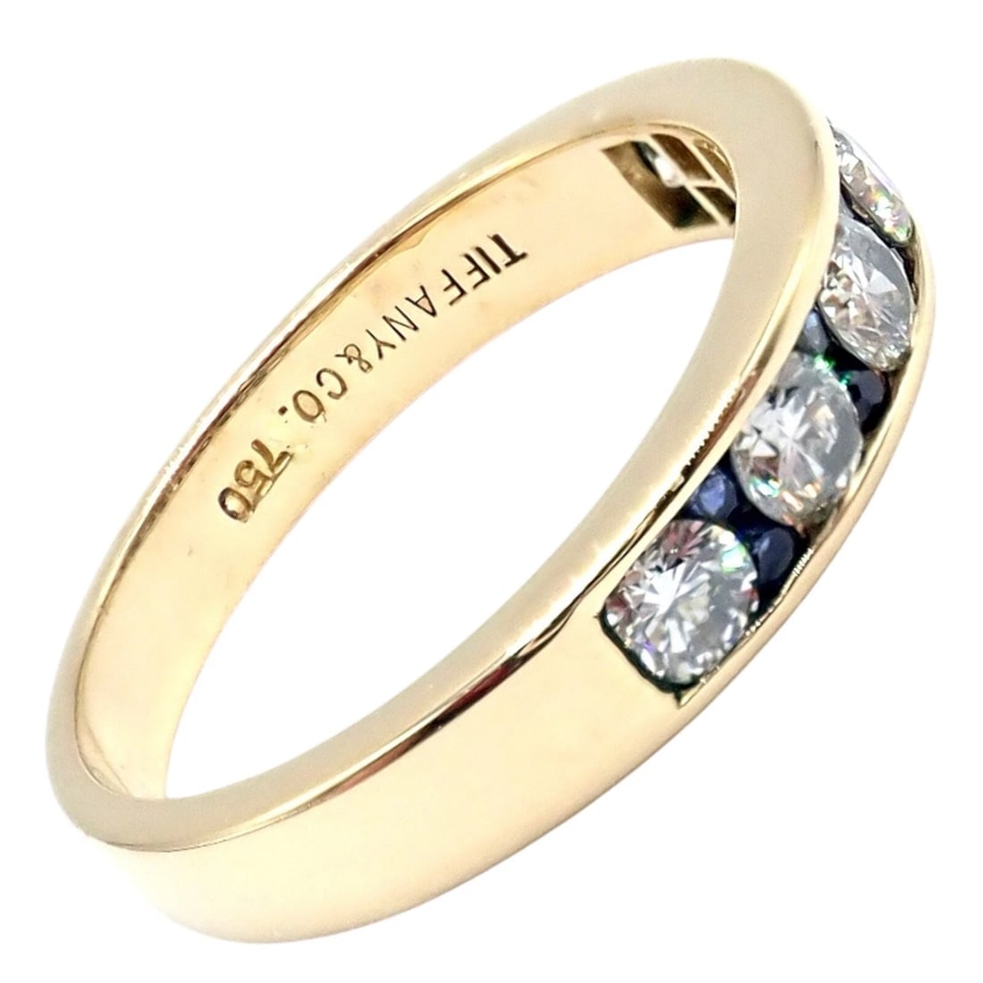 Authentic! Tiffany & Co 18k Yellow Gold 1.20ctw Diamond Sapphire Band Ring sz 5 - 2