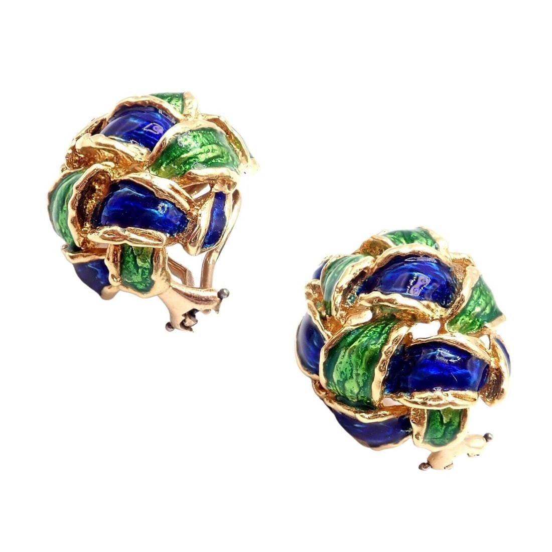 Vintage Tiffany & Co Green Blue Enamel 18k Yellow Gold Basket Weave Earrings - 10