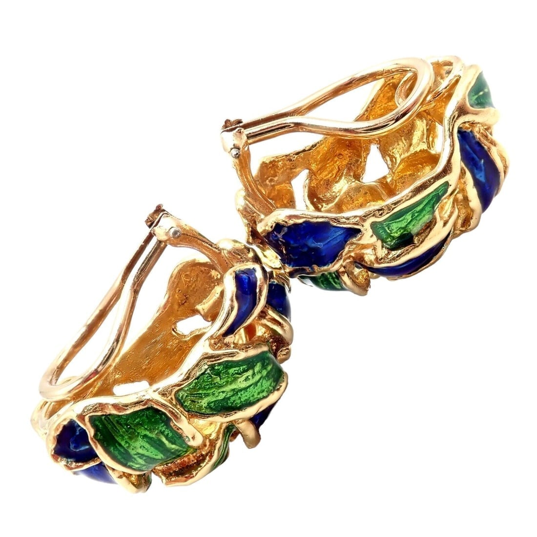 Vintage Tiffany & Co Green Blue Enamel 18k Yellow Gold Basket Weave Earrings - 11