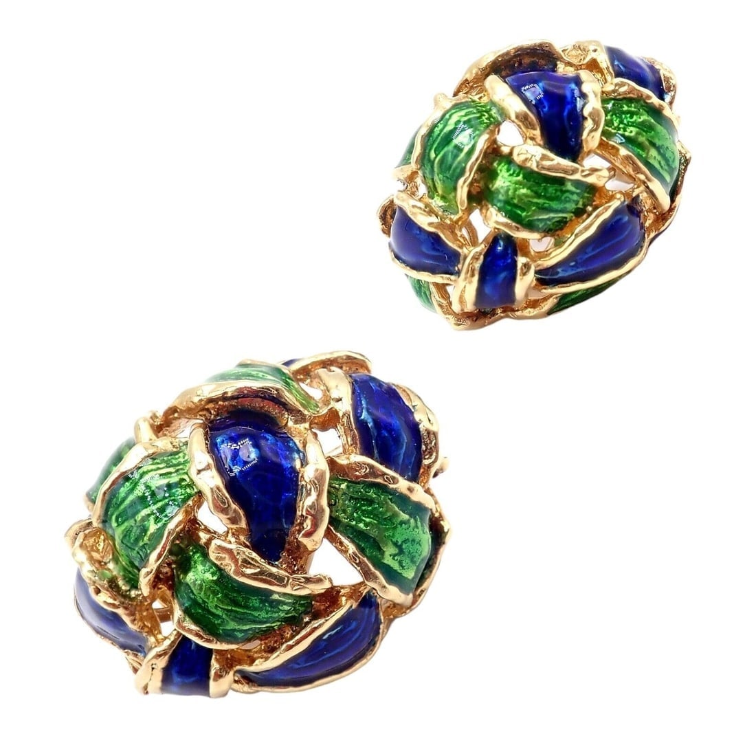 Vintage Tiffany & Co Green Blue Enamel 18k Yellow Gold Basket Weave Earrings - 2