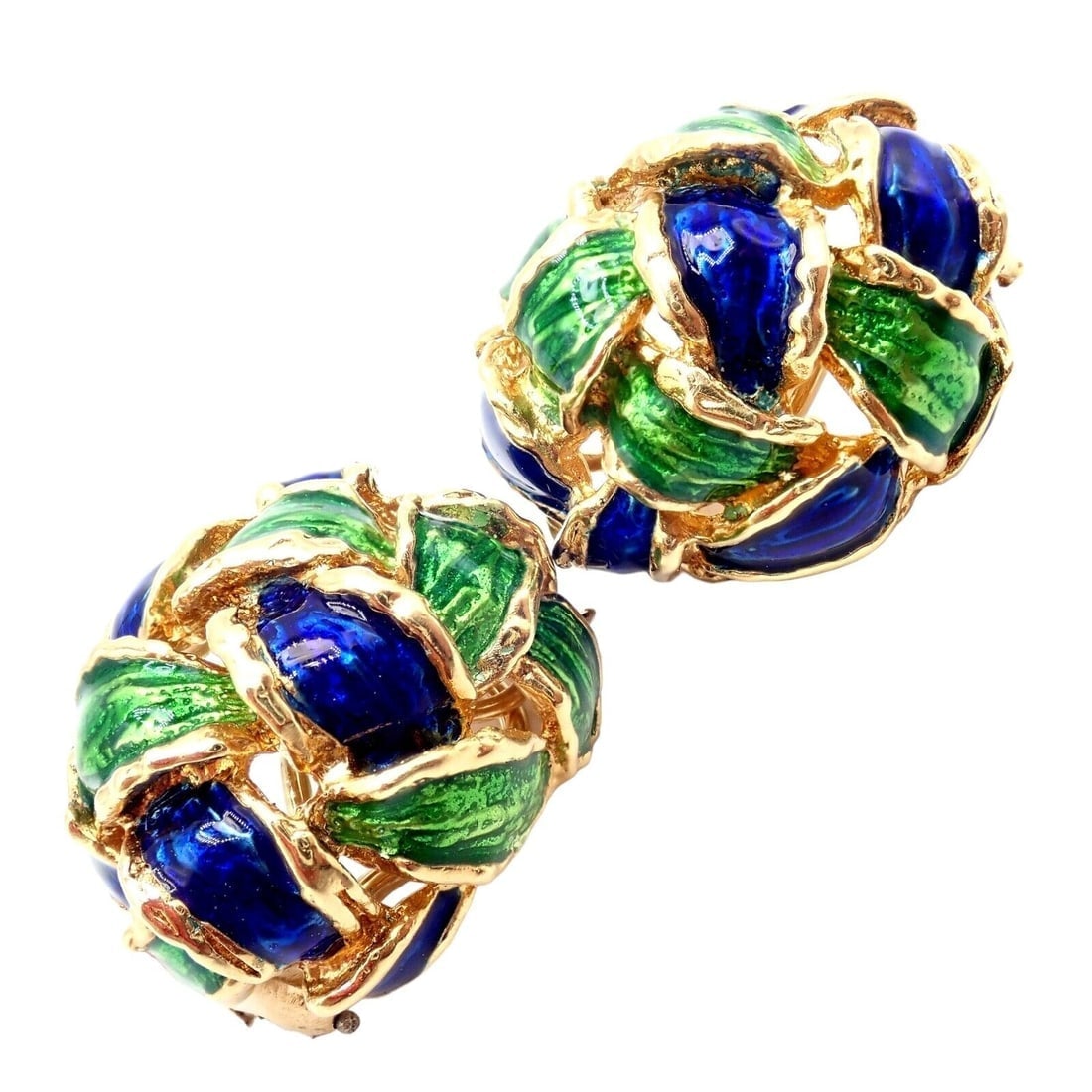 Vintage Tiffany & Co Green Blue Enamel 18k Yellow Gold Basket Weave Earrings - 7