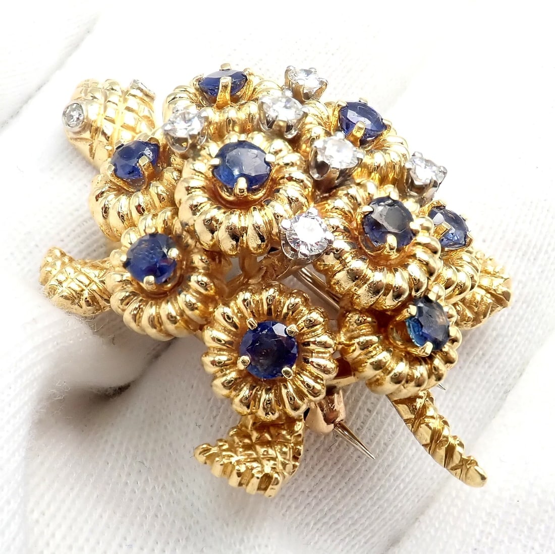 Rare! Authentic Tiffany & Co. Turtle 18k Yellow Gold Diamond Sapphire Pin Brooch - 4
