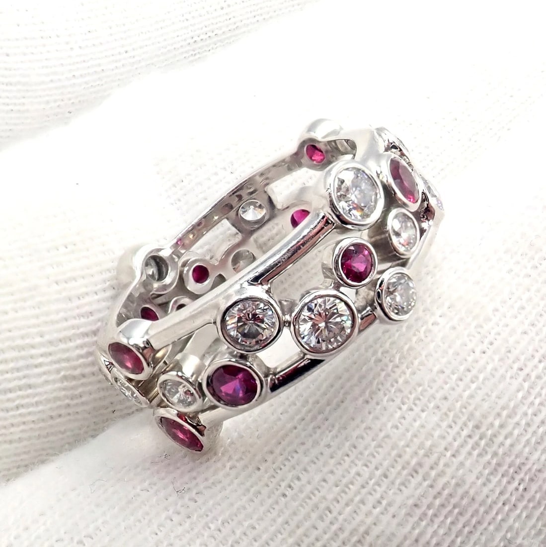 Authentic! Tiffany & Co Platinum Diamond Ruby Bubbles Band Ring Size 5.5 - 8