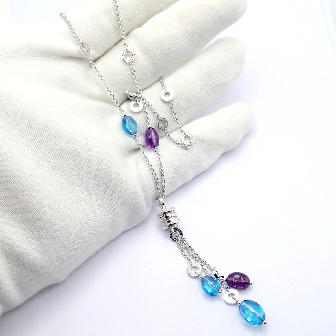 Bvlgari Bulgari 18k White Gold Amethyst Blue Topaz Lavalier B.Zero1 Necklace - 8