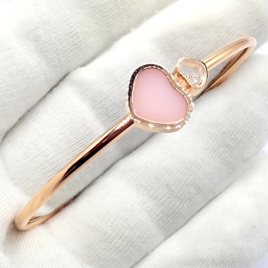 Rare! Chopard 18k Rose Gold Happy Hearts Diamond Pink Opal Bracelet - 8