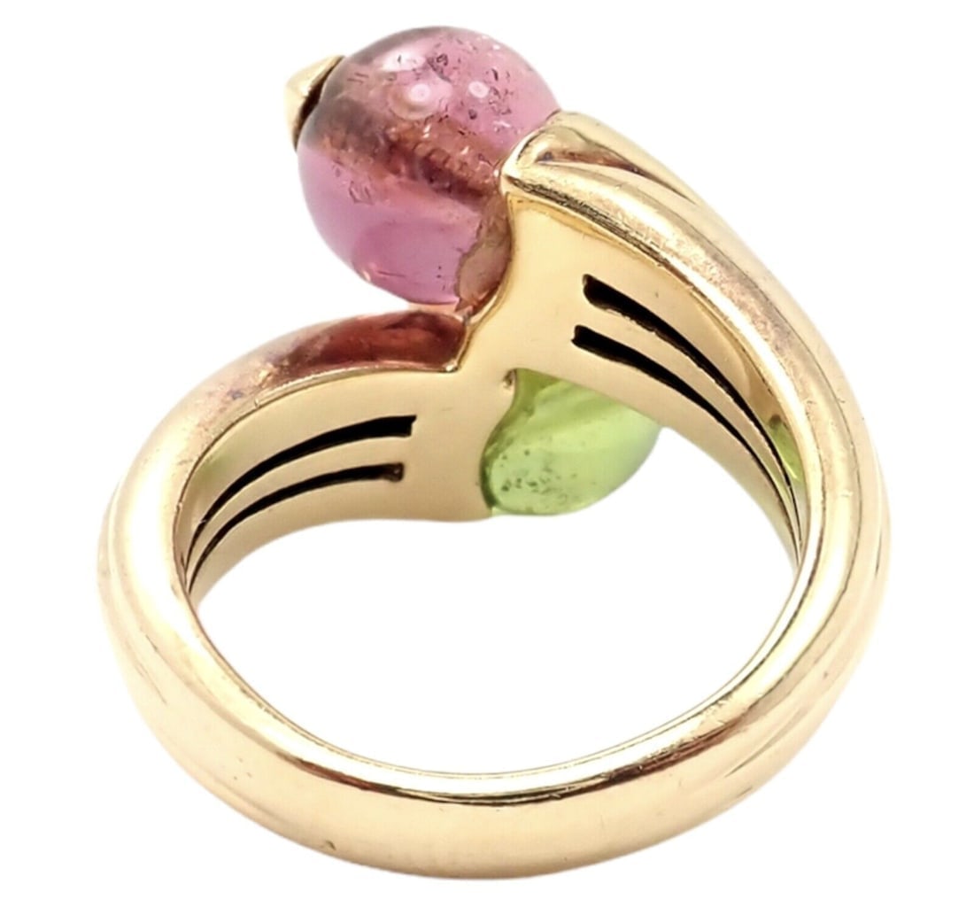 Vintage Bulgari Bvlgari 18k Yellow Gold Pink + Green Tourmaline Bypass Ring - 10