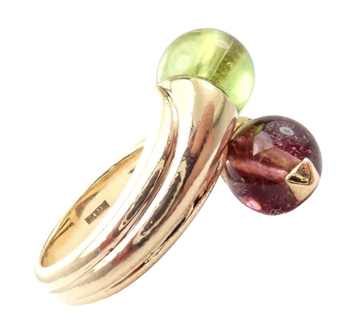 Vintage Bulgari Bvlgari 18k Yellow Gold Pink + Green Tourmaline Bypass Ring - 2