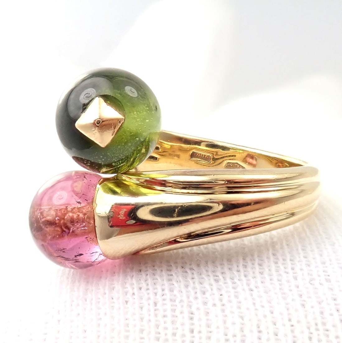 Vintage Bulgari Bvlgari 18k Yellow Gold Pink + Green Tourmaline Bypass Ring - 6