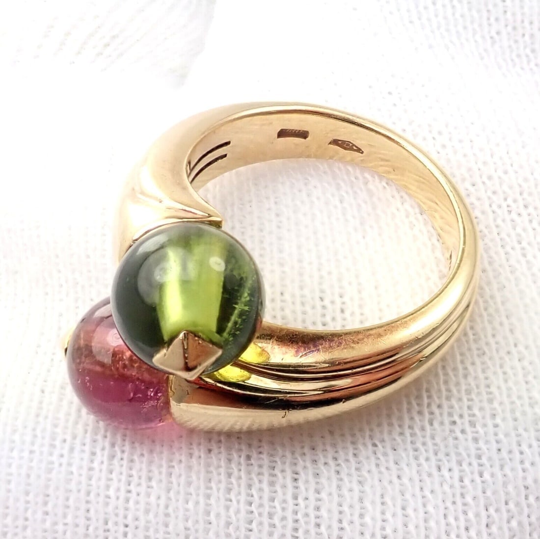 Vintage Bulgari Bvlgari 18k Yellow Gold Pink + Green Tourmaline Bypass Ring - 7