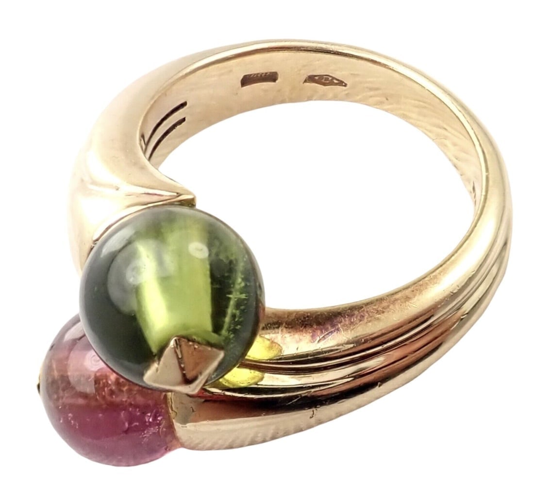 Vintage Bulgari Bvlgari 18k Yellow Gold Pink + Green Tourmaline Bypass Ring - 9