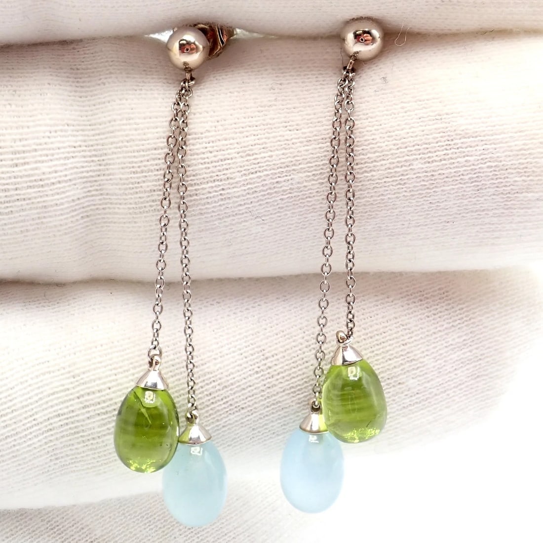 Authentic! Tiffany & Co 18k White Gold Rainbow Drop Peridot Chalcedony Earrings - 5