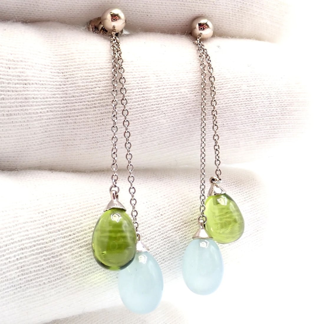 Authentic! Tiffany & Co 18k White Gold Rainbow Drop Peridot Chalcedony Earrings - 6